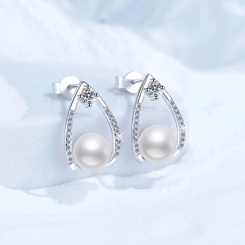 Luxury 925 Sterling Silver Moissanite Freshwater Pearl Stud Earrings For Women French Vintage Teardrop Jewelry Gift