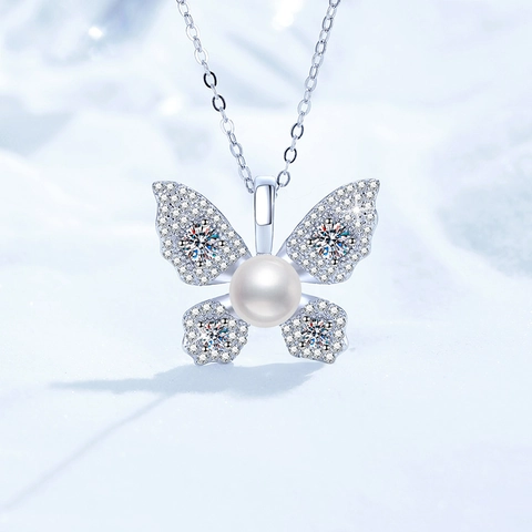 Collana con Ciondolo a Farfalla in Argento Sterling S925 Con Perla d'Acqua Dolce e Moissanite Gioielli Scintillanti Donna