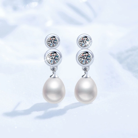 S925 Sterling Silver Freshwater Pearl Moissanite Stud Earrings For Women French Elegant Waterdrop Drop Jewelry Gift