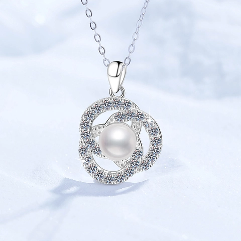 Collana con Pendente in Argento Sterling 925 Moissanite e Perla d'Acqua Dolce Doppi Anelli Design a Onda Gioielli Donna