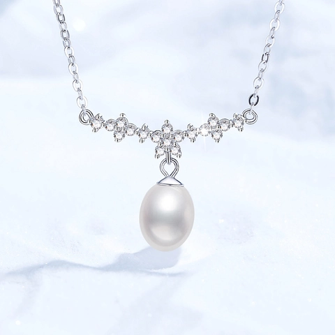 925 Sterling Silver Freshwater Pearl Moissanite Pendant Necklace Floral French Style Elegant Jewelry For Women Wedding Party