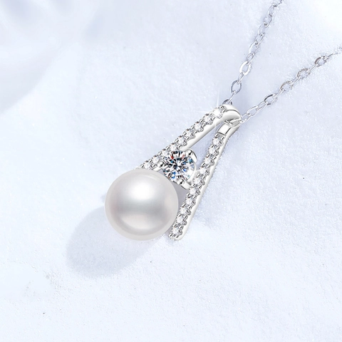 925 Sterling Silver Moissanite Freshwater Pearl Pendant Necklace Geometric A-Shape Women Jewelry For Wedding Party Gift