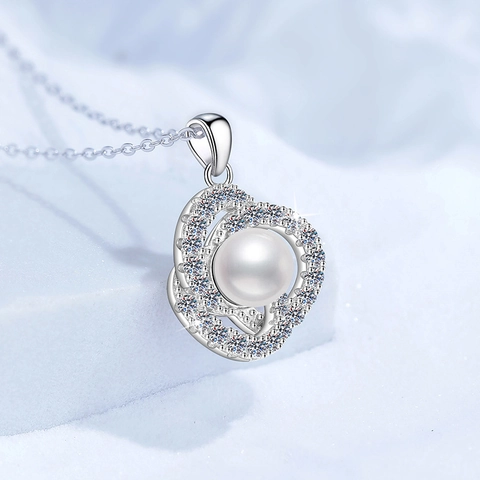 Collana con Pendente in Argento Sterling 925 Moissanite e Perla d'Acqua Dolce Doppi Anelli Design a Onda Gioielli Donna