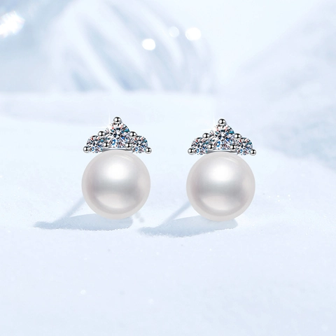 Orecchini a Bottone in Argento Sterling 925 Moissanite e Perla d'Acqua Dolce Design a Corona Gioielli per Donna Regalo