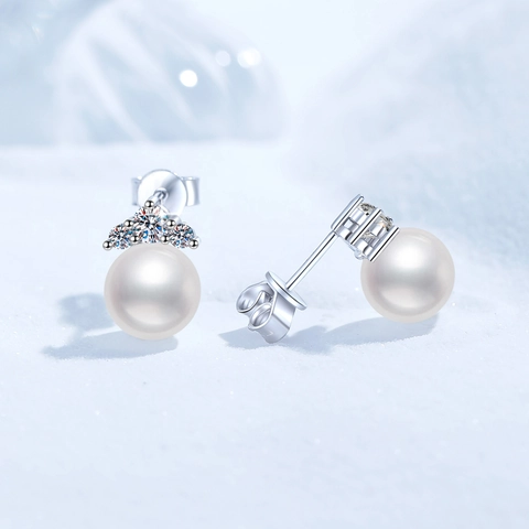 Orecchini a Bottone in Argento Sterling 925 Moissanite e Perla d'Acqua Dolce Design a Corona Gioielli per Donna Regalo