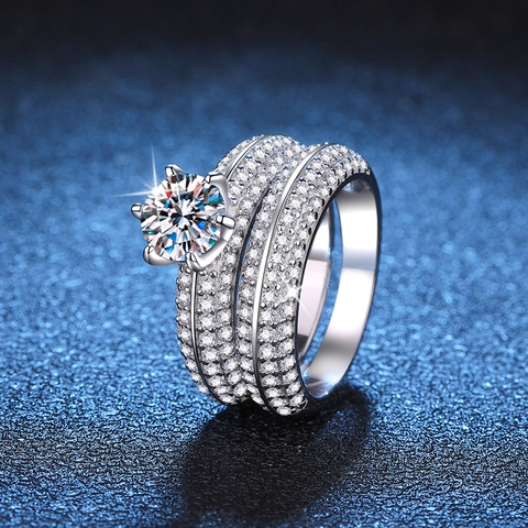 Lussuoso Set di Anelli da Sposa in Argento Sterling 925 Con Moissanite per Donna Sei Griffe Brillante Taglio Rotondo Gioielli da Fidanzamento