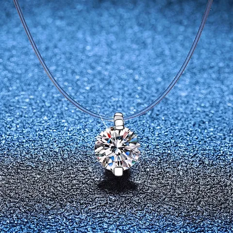 Collana con Ciondolo in Argento Sterling S925 Moissanite Taglio Rotondo Brillante Catena Invisibile in Filo da Pesca Donna