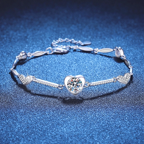 925 Sterling Silver 1ct Moissanite Heart Bracelet For Women D Color Round Cut Adjustable Link Chain Fashion Jewelry Gift