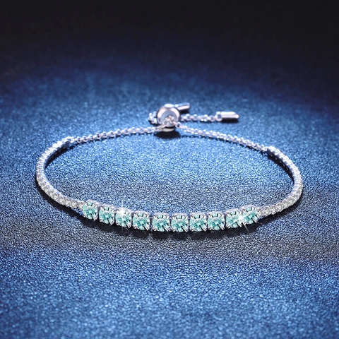 Luxury 925 Sterling Silver Moissanite Tennis Bracelet For Women Adjustable Geometric Lake Green Stone Fine Jewelry