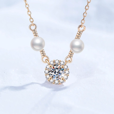 S925 Sterling Silver Moissanite Freshwater Pearl Pendant Necklace For Women Elegant Champagne Gold Plated Halo Design Fashion Jewelry
