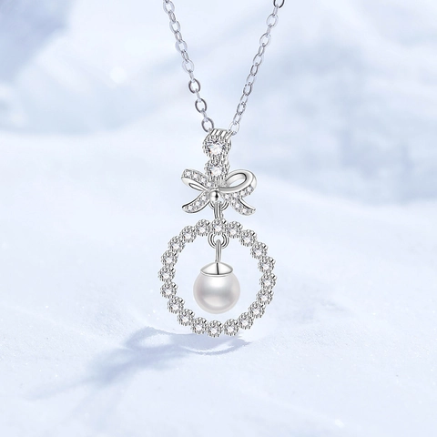 Collana Con Pendente a Fiocco in Argento Sterling 925 Moissanite Perla d'Acqua Dolce per Donna Gioielli Raffinati Regalo di Compleanno