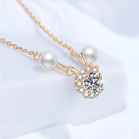 S925 Sterling Silver Moissanite Freshwater Pearl Pendant Necklace For Women Elegant Champagne Gold Plated Halo Design Fashion Jewelry