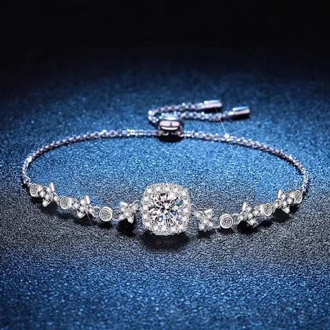 Luxury S925 Sterling Silver Moissanite Bracelet For Women Square Halo Star Moon Adjustable Pull Chain Bracelet Jewelry Gift