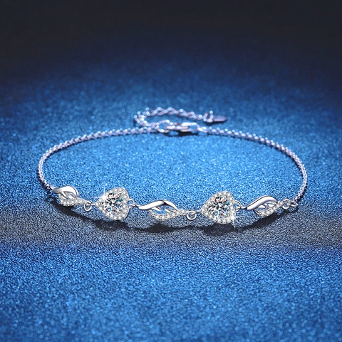 Pulsera de Corazón de Plata de Ley 925 Para Mujer Moissanita de 1 Quilate Diseño de Ala Elegante Joyería Para Regalo De San Valentín