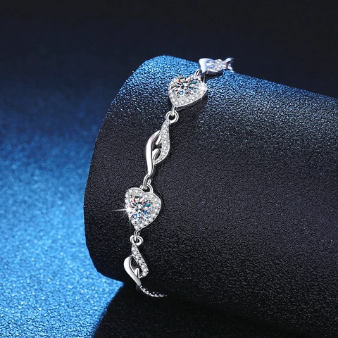 Pulsera de Corazón de Plata de Ley 925 Para Mujer Moissanita de 1 Quilate Diseño de Ala Elegante Joyería Para Regalo De San Valentín