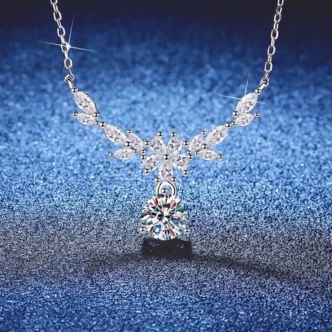 925 Sterling Silver Moissanite Pendant Necklace For Women Elegant Wheat Ear Flower Design Sparkly Rhinestone Jewelry Gift