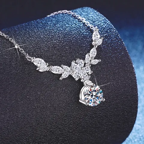 925 Sterling Silver Moissanite Pendant Necklace For Women Elegant Wheat Ear Flower Design Sparkly Rhinestone Jewelry Gift