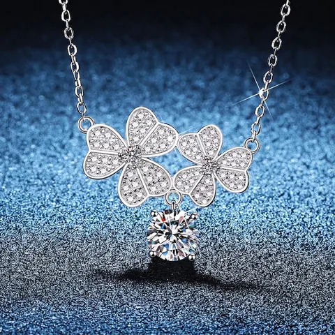 S925 Sterling Silver Moissanite Sakura Four-Leaf Clover Necklace Pave Rhinestone Lucky Flower Pendant Clavicle Chain Jewelry