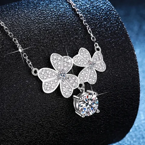 S925 Sterling Silver Moissanite Sakura Four-Leaf Clover Necklace Pave Rhinestone Lucky Flower Pendant Clavicle Chain Jewelry