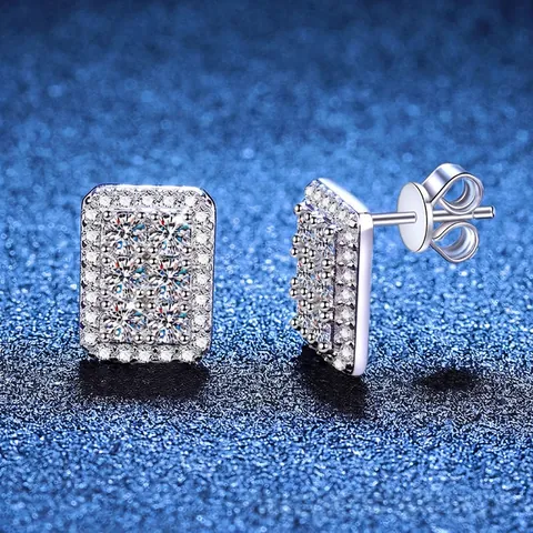 925 Sterling Silver Moissanite Stud Earrings Rectangular Geometric Pave Earrings GRA Certificate Minimalist Jewelry For Women