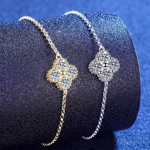 925 Sterling Silver Moissanite Clover Bracelet For Women Four Leaf Clover Adjustable Chain Jewelry Gift