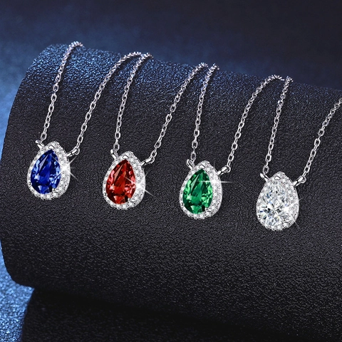 Collana con Pendente Halo in Argento Sterling S925 Forma a Pera Smeraldo Rubino Zaffiro Moissanite Coltivati in Laboratorio Donna