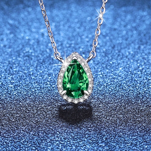Collana con Pendente Halo in Argento Sterling S925 Forma a Pera Smeraldo Rubino Zaffiro Moissanite Coltivati in Laboratorio Donna