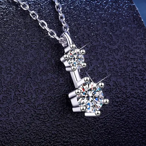 925 Sterlingsilber Moissanit Anhänger Halskette Minimalistisch Doppelter Runder Stein Sechszack-Fassung Schmuck Damen