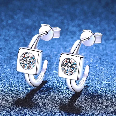 925 Sterling Silver Moissanite Hoop Earrings Geometric Square Rhinestone Stud Earrings For Women Fine Jewelry Gift