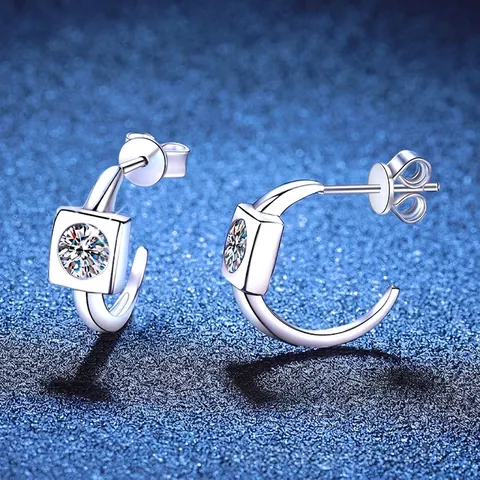925 Sterling Silver Moissanite Hoop Earrings Geometric Square Rhinestone Stud Earrings For Women Fine Jewelry Gift
