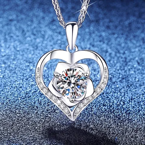 S925 Sterling Silver Heart Rose Moissanite Pendant Necklace Round Cut D Color Moissanite Necklace With GRA Certificate Jewelry