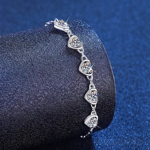 Pulsera de Plata de Ley 925 Corazón Moissanita para Mujer Simple Romántica Ajustable Cadena Pulsera Joyería de Moda Regalo