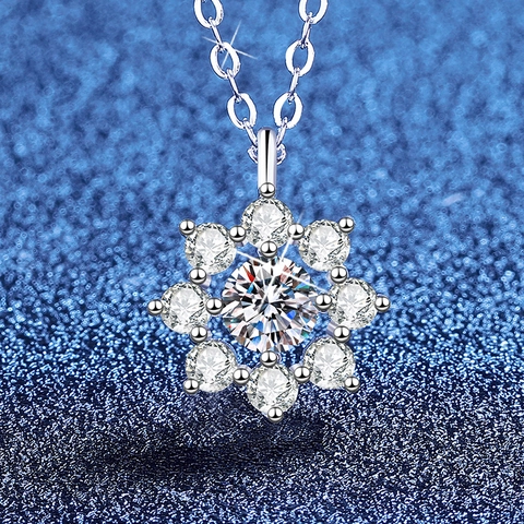 S925 Sterlingsilber Moissanit Schneeflocke Anhänger Halskette Für Damen Glänzende Blumen Sonnenblume Eleganter Schmuck Geschenk