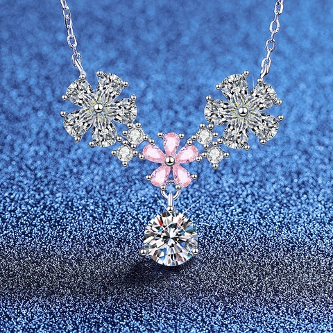 Collar con Colgante de Flor de Plata de Ley 925 Moissanita para Mujer Elegante Collar con Pétalos de Gota de Agua Strass Rosa