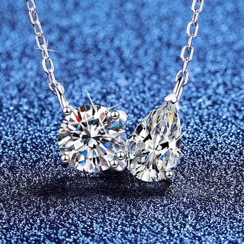 925 Sterling Silver Double Stone Moissanite Necklace For Women Round Pear Cut Pendant Water Drop Clavicle Chain Jewelry