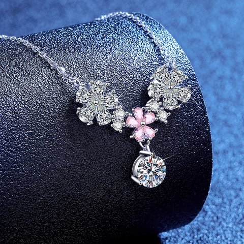 Collar con Colgante de Flor de Plata de Ley 925 Moissanita para Mujer Elegante Collar con Pétalos de Gota de Agua Strass Rosa