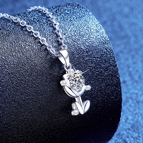 Collar con Colgante de Tulipán de Moissanita de Plata de Ley 925 para Mujer Elegante Collar de Flores con Certificado GRA Caja de Regalo Joyería
