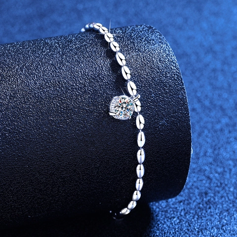 S925 Sterling Silver Moissanite Bracelet For Women Minimalist Round Stone Inlaid Oval Bead Chain Fashion Jewelry Gift