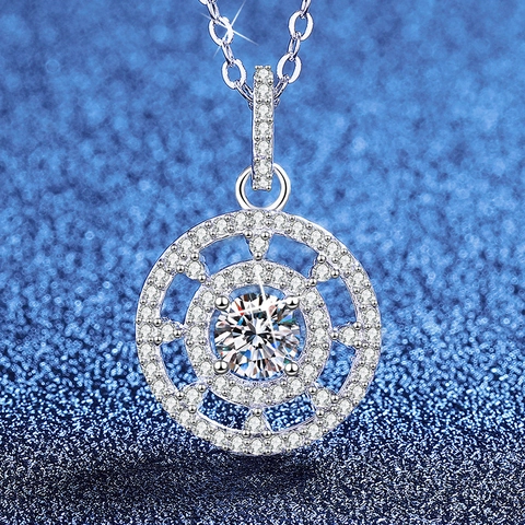 925 Sterling Silver Moissanite Pendant Necklace Round Compass Design Hollow Geometric Moissanite Necklace With GRA Certificate Fashion Jewelry For Women
