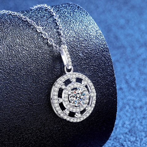 925 Sterling Silver Moissanite Pendant Necklace Round Compass Design Hollow Geometric Moissanite Necklace With GRA Certificate Fashion Jewelry For Women