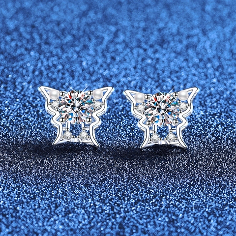 Pendientes de Botón de Mariposa de Plata de Ley 925 con Moissanita para Mujer Perla Artificial Incrustada Joyería Elegante