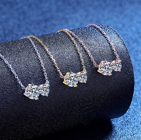 Collana con Pendente in Argento Sterling 925 e Moissanite Elegante Doppia Pietra Rotonda Design Gemelli Gioielli Donna Regalo