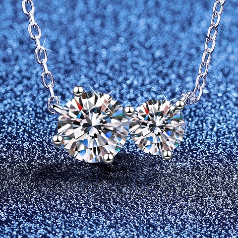 Collana con Pendente in Argento Sterling 925 e Moissanite Elegante Doppia Pietra Rotonda Design Gemelli Gioielli Donna Regalo
