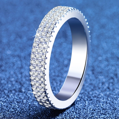 925 Sterling Silver Moissanite Ring Luxury Three Row Full Pave Setting Eternity Band Hip Hop Unisex Fashion Jewelry Finger Ring