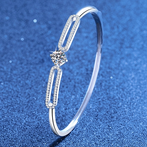 925 Sterling Silver Moissanite Bangle For Women Luxury Geometric Oval Link Inlaid Stones Open Bracelet Fine Jewelry Gift