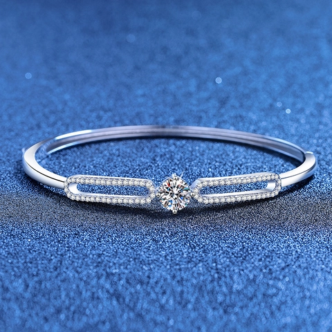 925 Sterling Silver Moissanite Bangle For Women Luxury Geometric Oval Link Inlaid Stones Open Bracelet Fine Jewelry Gift