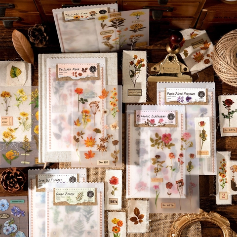 Vintage Botanische PVC Baumwollleinen Material Aufkleber Für Scrapbooking Journaling Retro Floral DIY Bastelprojekte Dekor