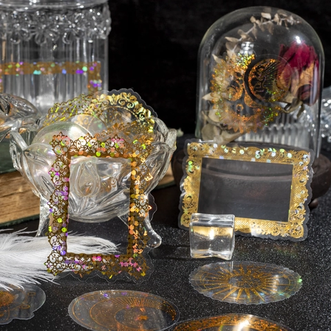 Pegatinas de Marco de Encaje PET Láser Oro Plata Bordes Decorativos Vintage Holográficos Para Scrapbooking Journaling DIY Artesanía