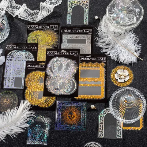 Pegatinas de Marco de Encaje PET Láser Oro Plata Bordes Decorativos Vintage Holográficos Para Scrapbooking Journaling DIY Artesanía