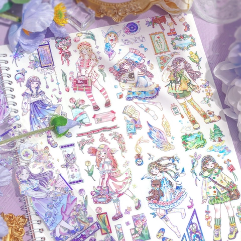 Nastro Decorativo PET Ragazza Anime Sognante Stampa a Freddo Argento Arcobaleno Nastro Adesivo Estetico per Scrapbooking Fai-da-te